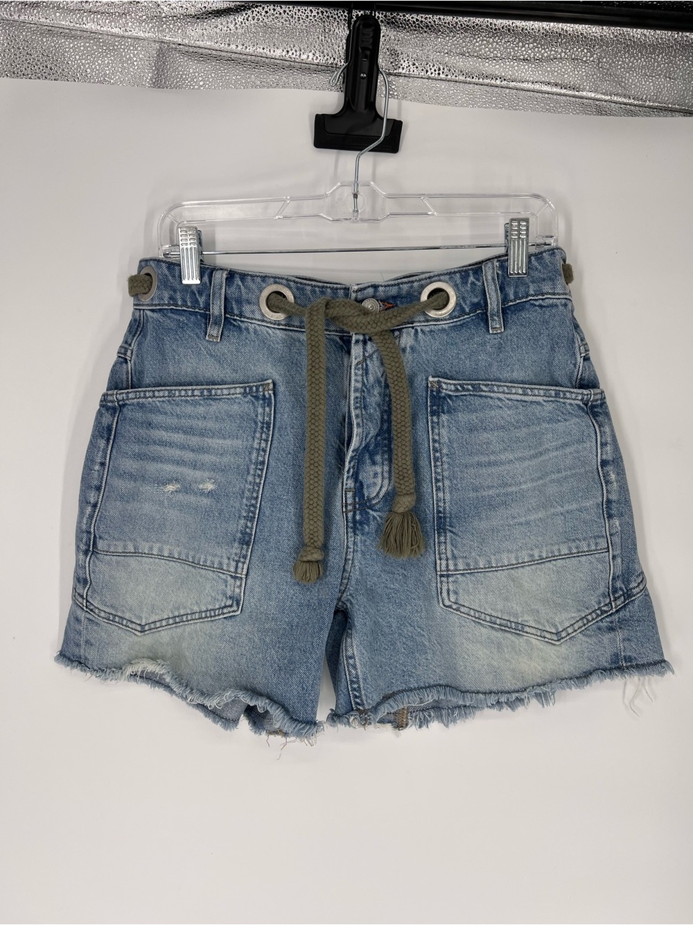 We The Free Moxie Barrel Light Blue Distressed Frayed Denim Cutoff Long Shorts